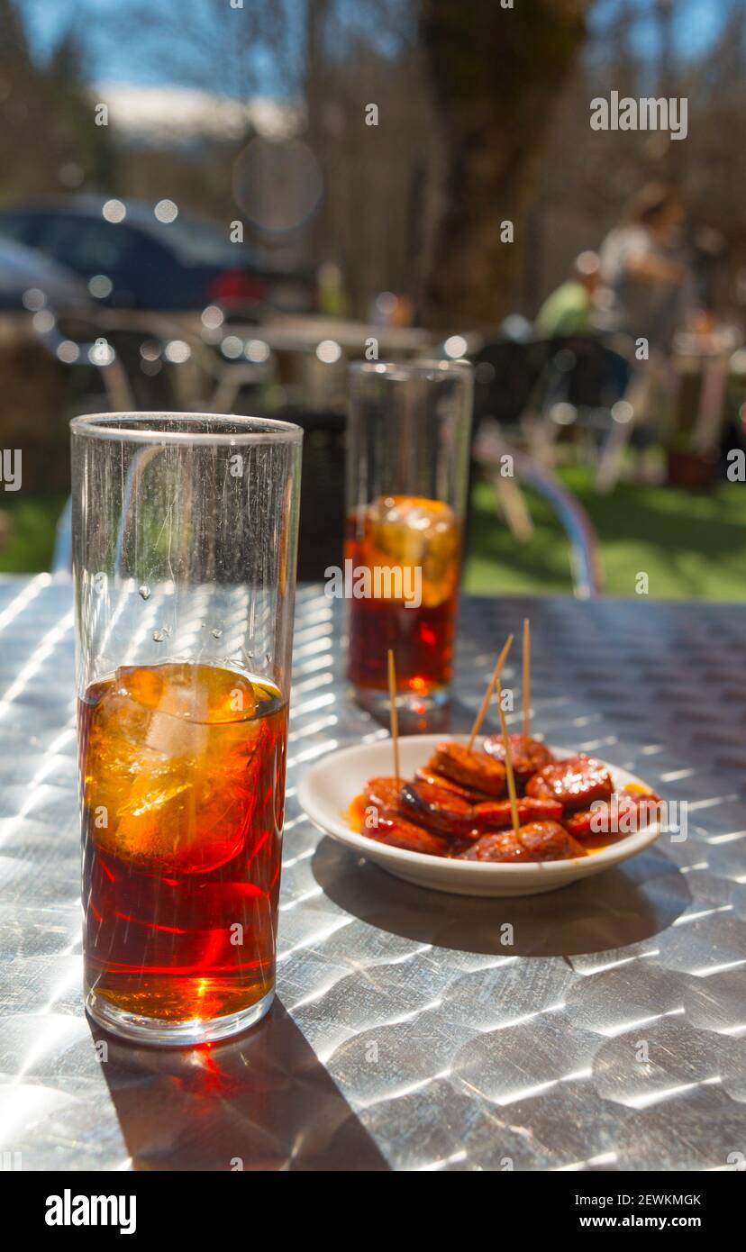 Two glasses of vermouth with tapa. Spain. Stock Photo
