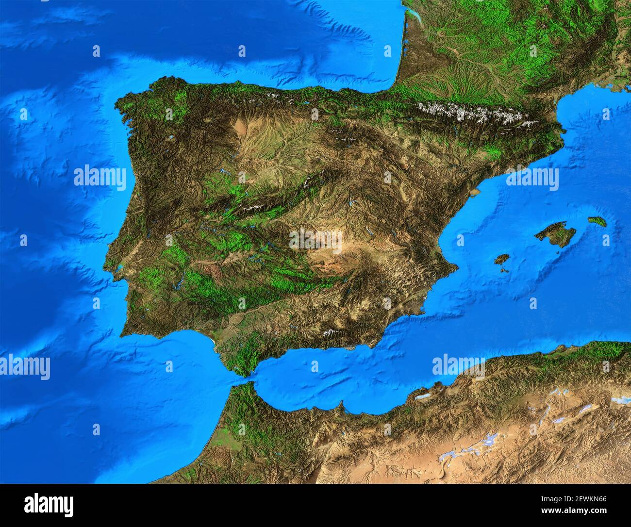 Physical map of Spain and Portugal. Detailed flat view of the Planet Earth and its landforms - Elements furnished by NASA Stock Photo