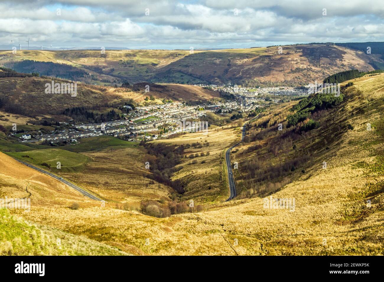 Looking down onto the Rhondda Fawr Valley from the top of the Rhigos Mountain Road South Wales Stock Photo