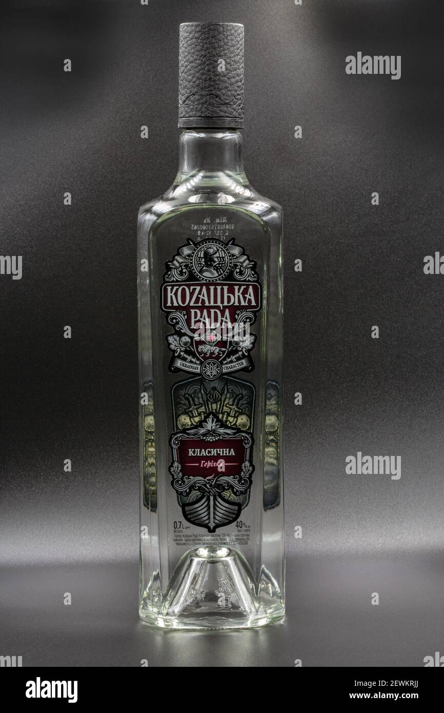 KYIV, UKRAINE - DECEMBER 16, 2020: Kozakska Rada vodka bottle closeup  against black. It is an authentic Ukrainian product made according to the  origin Stock Photo - Alamy