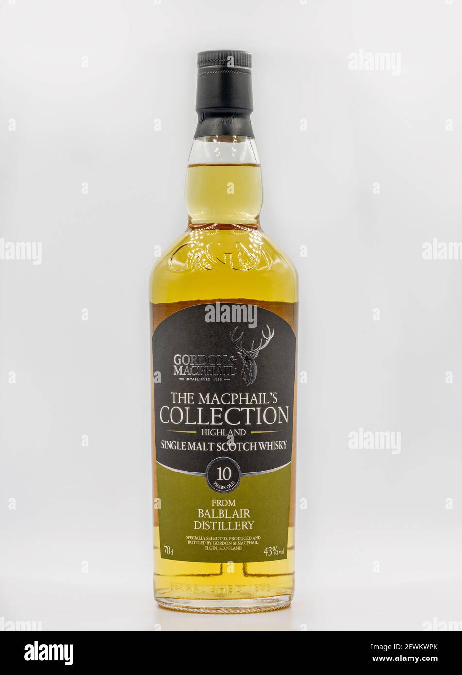 KYIV, UKRAINE - DECEMBER 17, 2020: Studio shoot of The Macphails Collection Highland Single Malt Scotch 10 years old whisky bottle closeup against whi Stock Photo