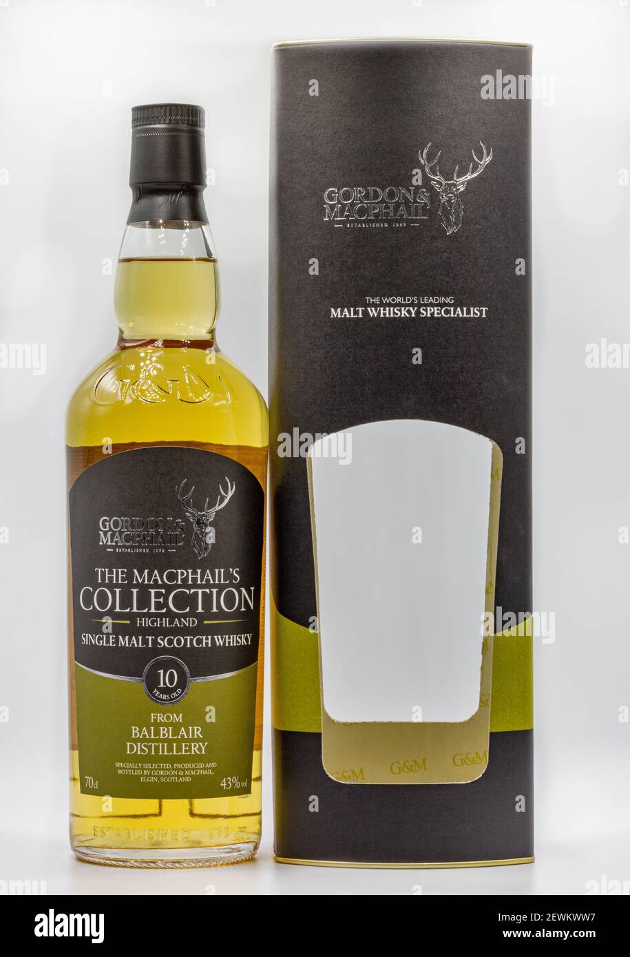 KYIV, UKRAINE - DECEMBER 17, 2020: Studio shoot of The Macphails Collection Highland Single Malt Scotch 10 years old whisky bottle and box closeup aga Stock Photo