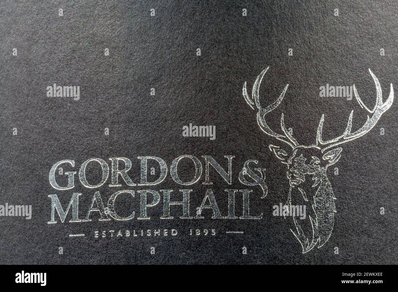 KYIV, UKRAINE - DECEMBER 17, 2020: Studio shoot of Gordon and Macphail Highland Single Malt Scotch 10 years old whisky bottle label closeup. From Balb Stock Photo