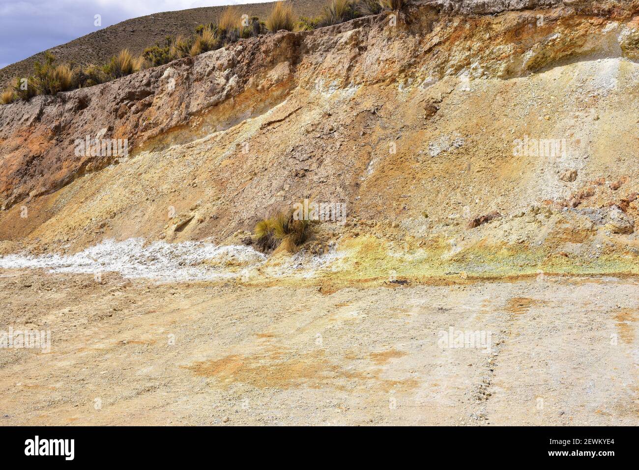 Termas Jurasi (Jurasi hot springs). Sulfur and mineral salts. Putre, Norte Grande de Chile. Stock Photo