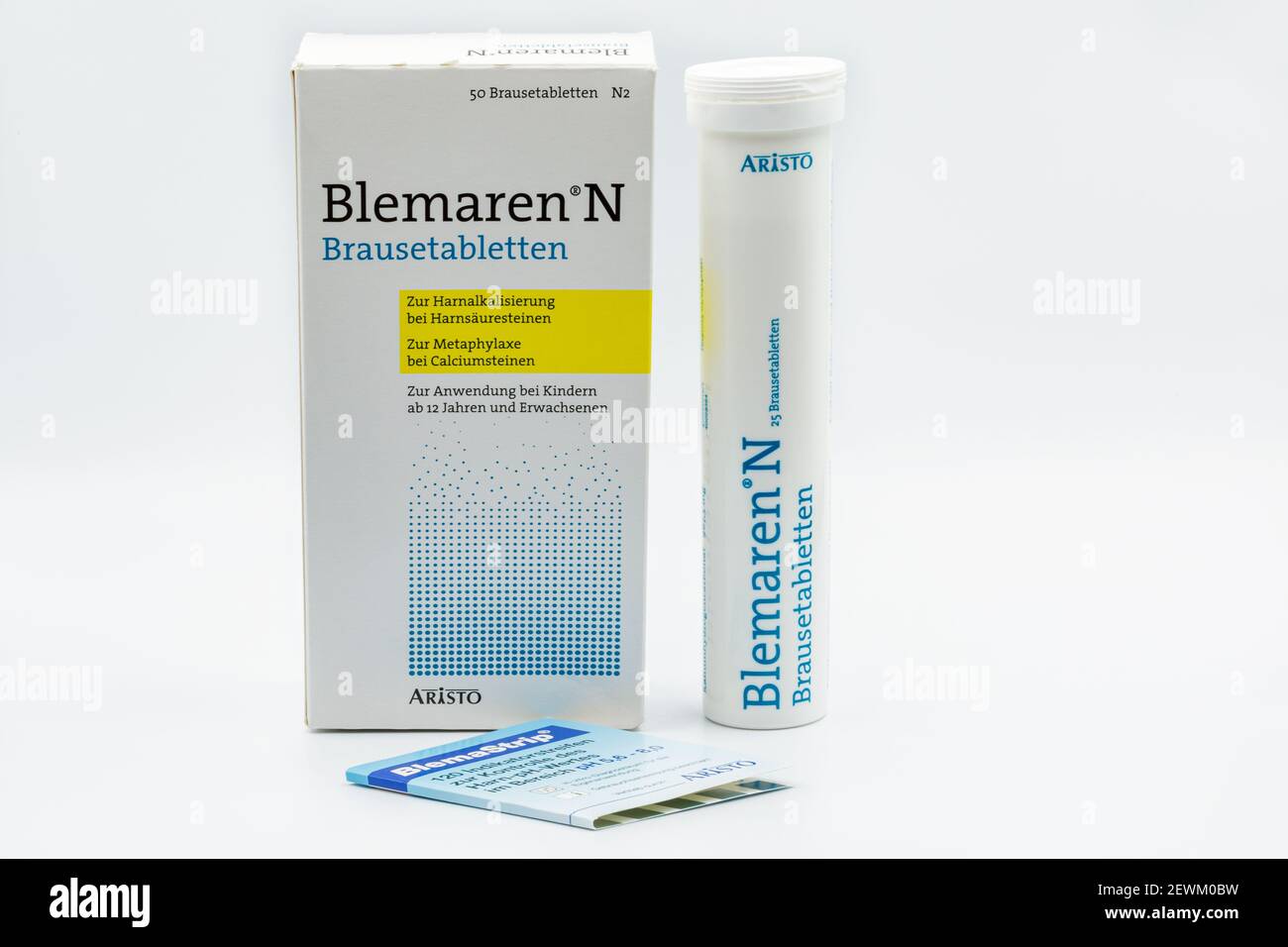 KYIV, UKRAINE - DECEMBER 24, 2020: Studio shoot of package of Blemaren Aristo tablets closeup against white background with pH test strip. It is a med Stock Photo