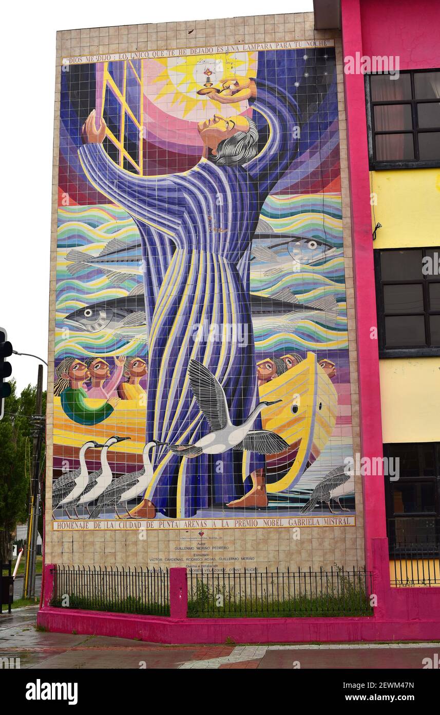 Punta Arenas city, mosaic in homage to Gabriela Mistral (Nobel Prize). Provincia de Magallanes, Magallanes y Antartica Chilena. Stock Photo