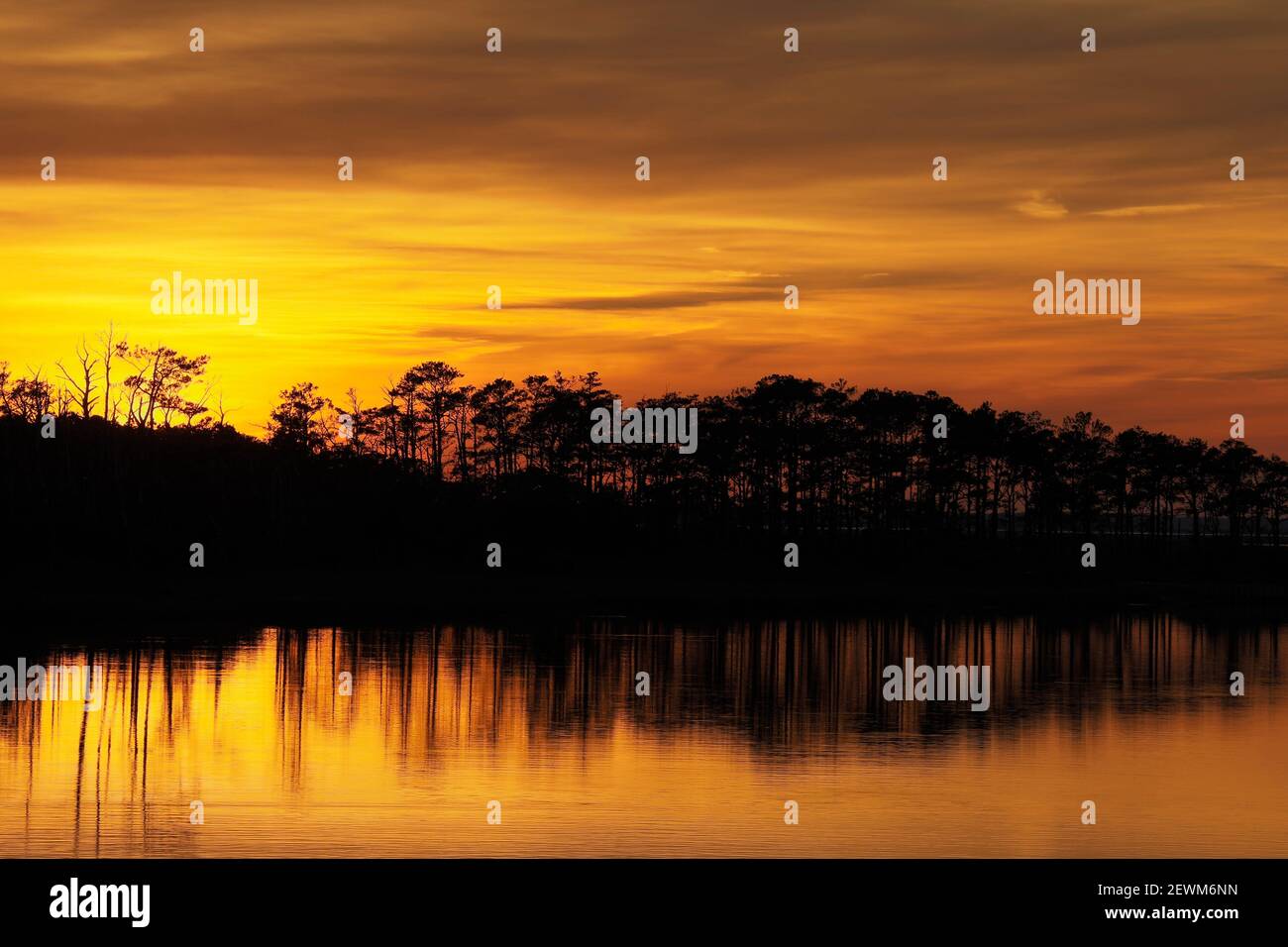 The landscape of an orange sunset on Delaware Islands in the United