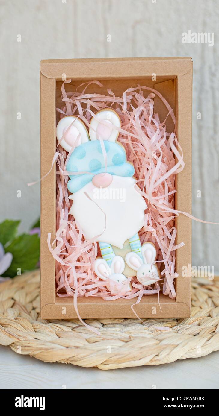Creative home made Easter rabbit gnome cookie with royal icing Stock Photo