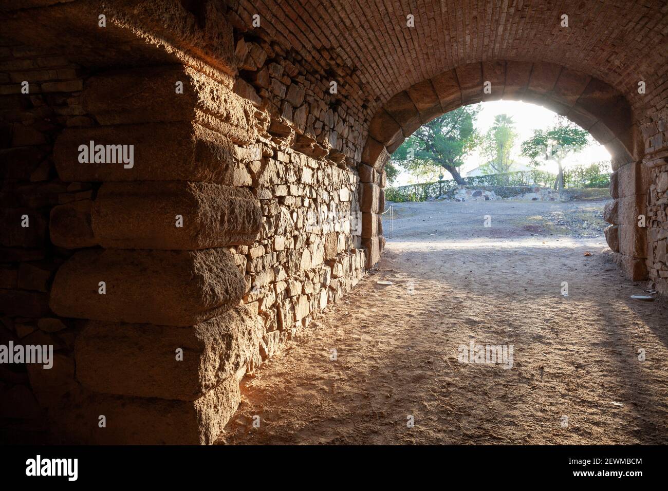 Europe, Spain, Badajoz, Merida, Amphitheatre of Merida (Ancient Roman Ruins), Tunnel into Main Arena. Stock Photo