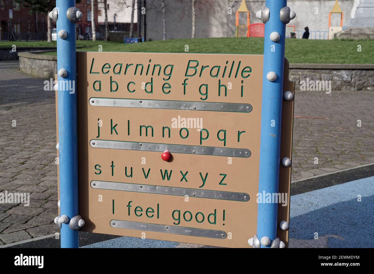 A close up view of the Learning Braille board in the St. Michan' Park