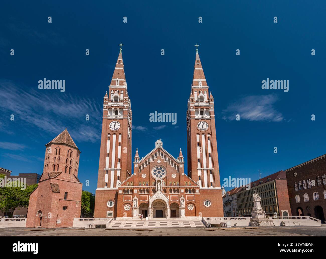 Cathedral, 1930, neo-Romanesque style, Saint Demetrius Tower, 12th century, Romanesque style, in Szeged, Southern Great Plain Region, Hungary Stock Photo