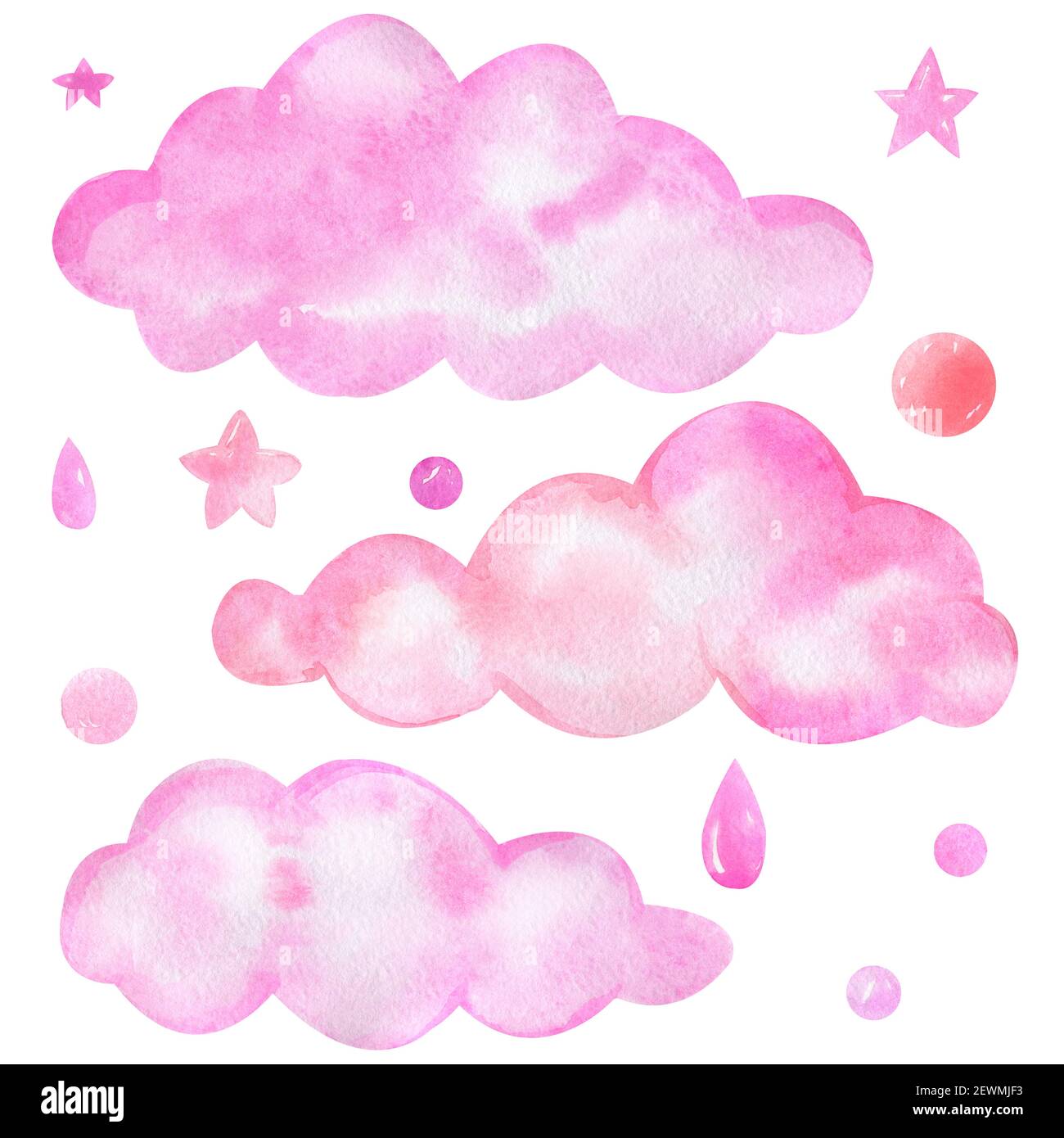 Watercolor pink clouds clipart. A set of elements for the design of the