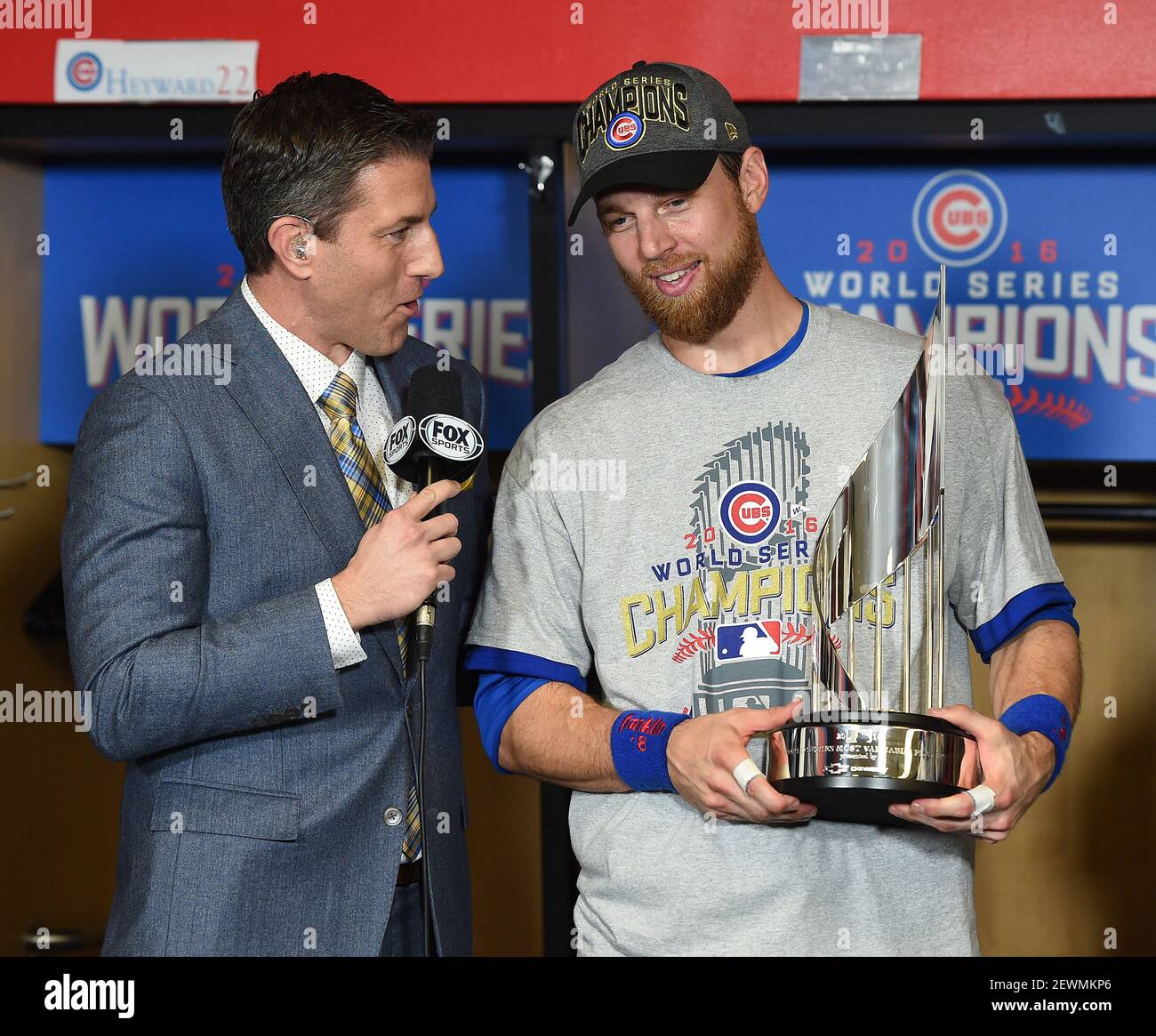 CLEVELAND, OH - NOVEMBER 2: Fox Sports Kevin Burkhardt with 2016 World  Series MVP Ben Zobrist #18 of the Chicago Cubs with The Commissioner's  Trophy following at Game 7 of the 2016
