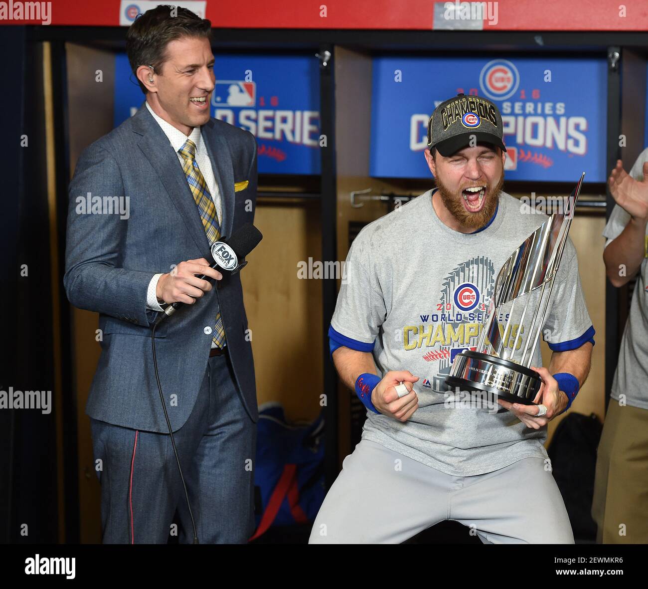 CLEVELAND, OH - NOVEMBER 2: Fox Sports Kevin Burkhardt with 2016 World  Series MVP Ben Zobrist #18 of the Chicago Cubs with The Commissioner's  Trophy following at Game 7 of the 2016