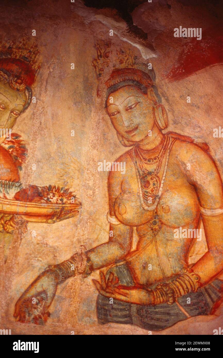 Paintings of Apsaras, Circa 6th century AD, Sigiriya, Sri Lanka Stock Photo