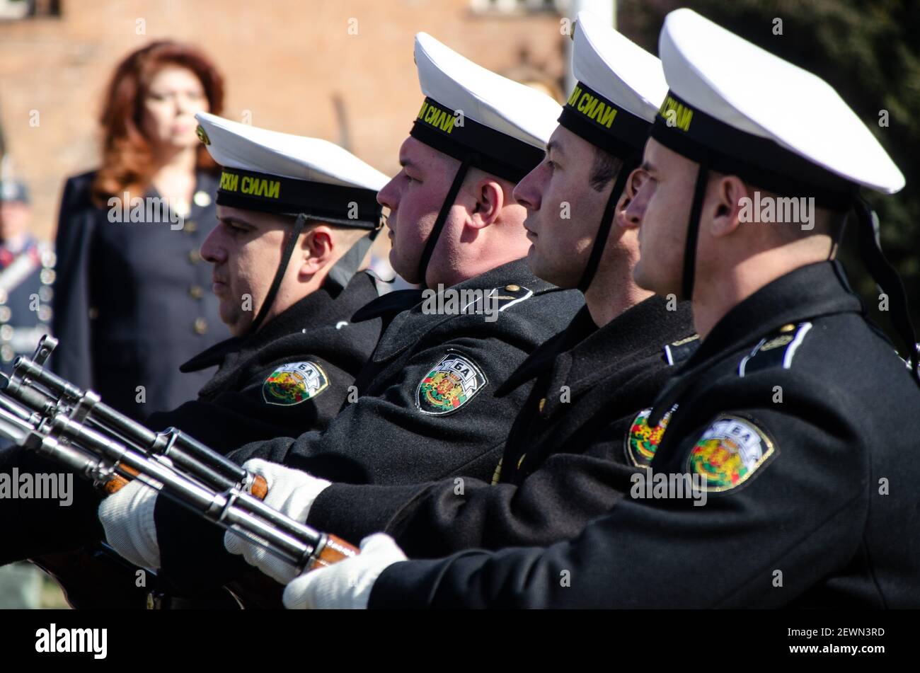 3 of March 2021, Sofia, Bulgaria. The Vice President of Bulgaria Iliana Yotova in front the military parade on the occasion of March 3 - the national holiday of the country. Stock Photo