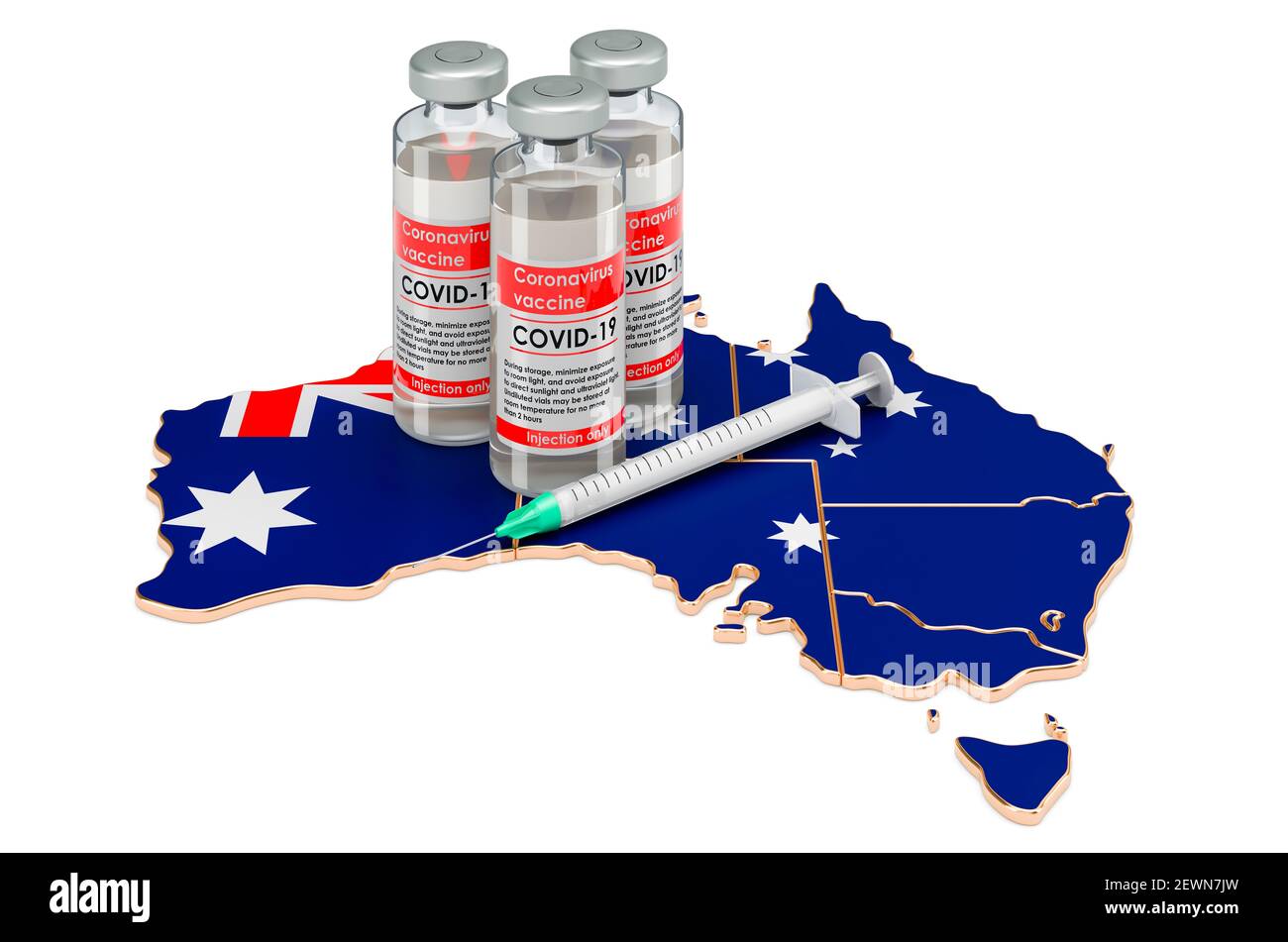Vaccine and syringe with Australian map. Vaccination in Australia concept, 3D rendering isolated on white background Stock Photo