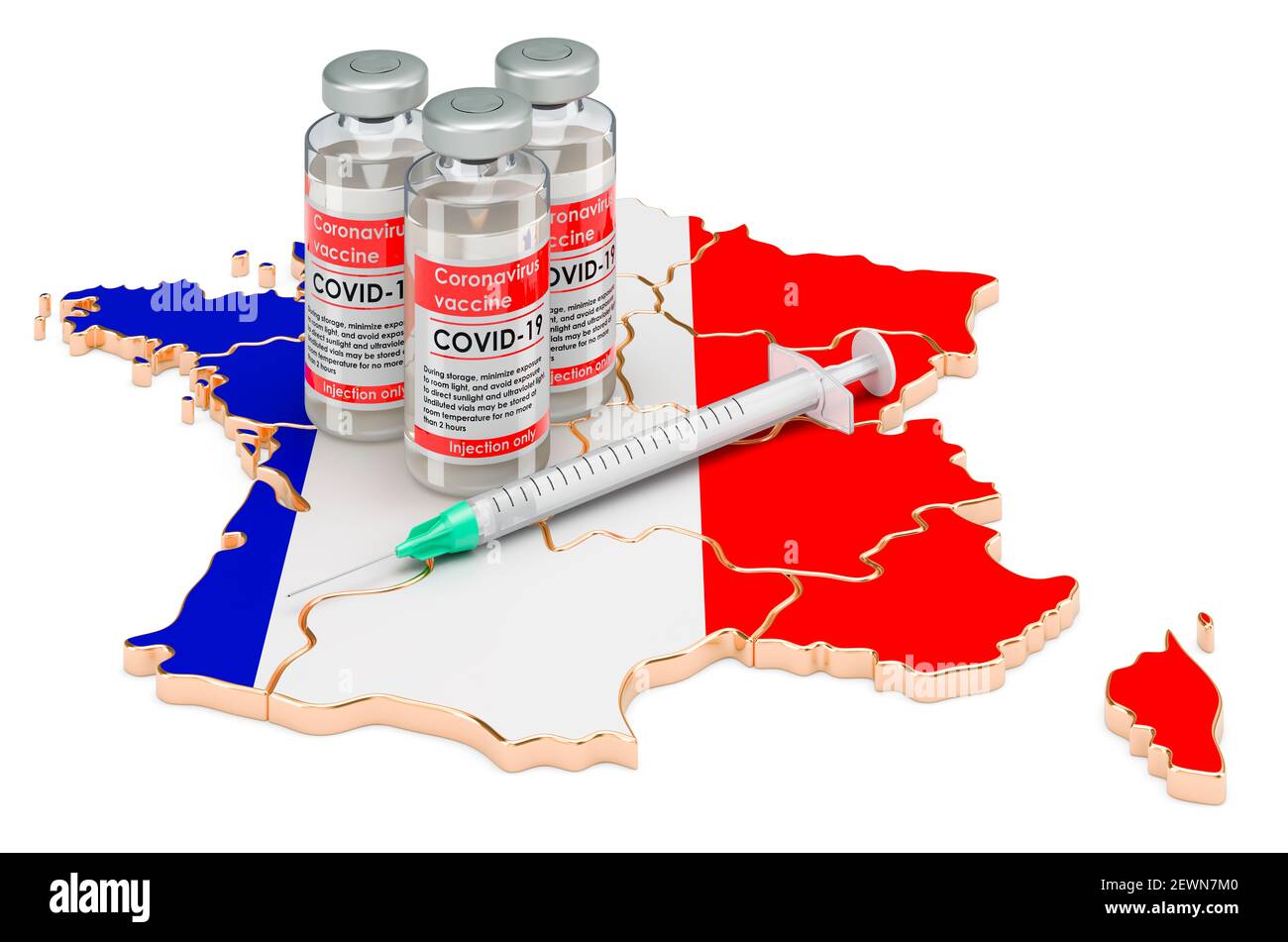 Vaccine and syringe with French map. Vaccination in France concept, 3D rendering isolated on white background Stock Photo