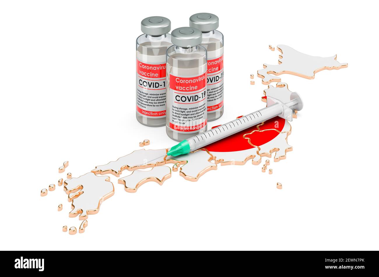 Vaccine and syringe with Japanese map. Vaccination in Japan concept, 3D rendering isolated on white background Stock Photo