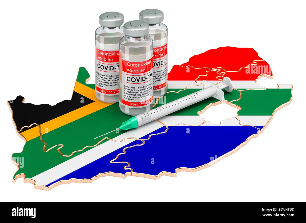 Vaccine and syringe with South African map. Vaccination in South Africa concept, 3D rendering isolated on white background Stock Photo