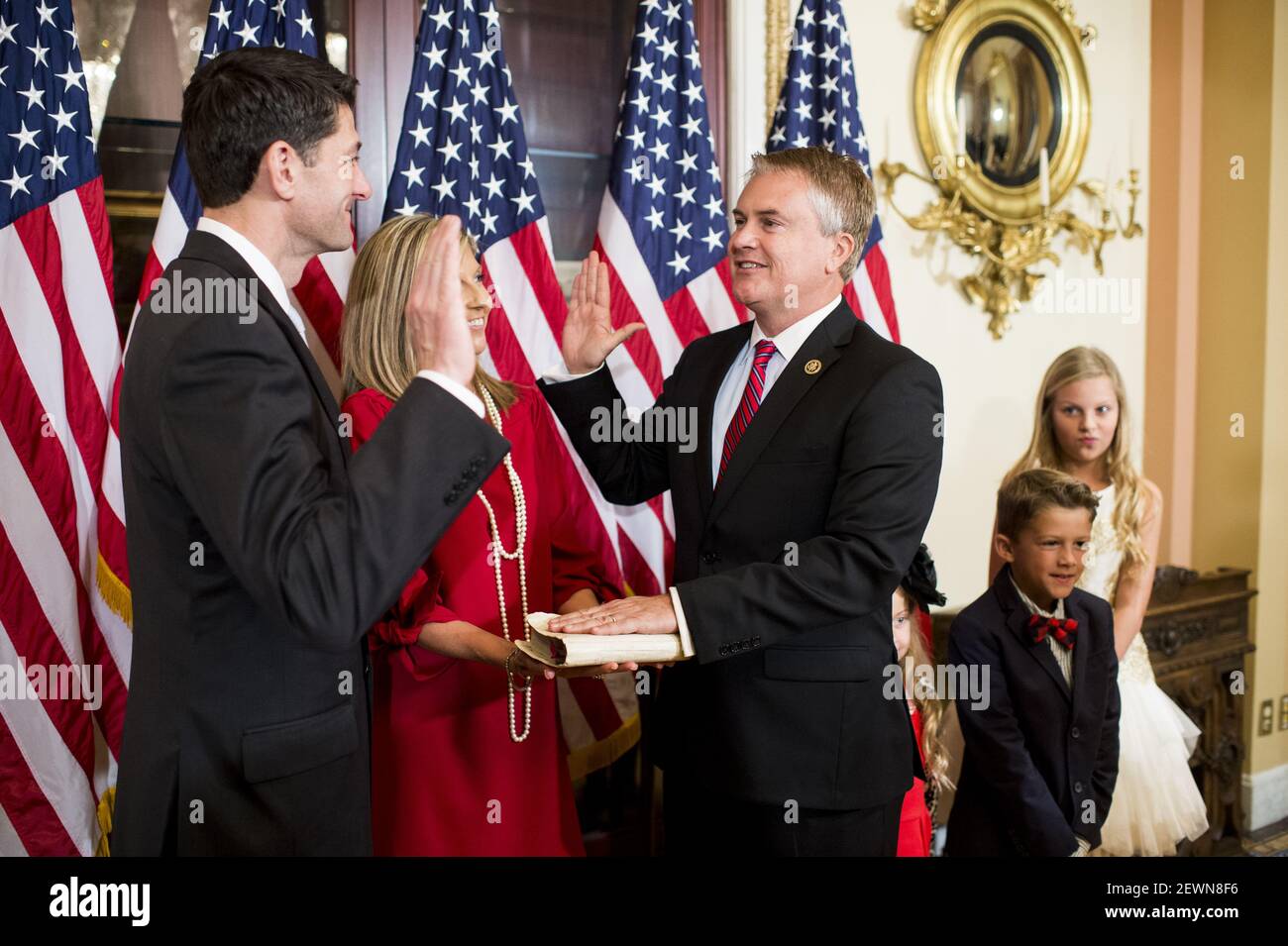UNITED STATES - NOVEMBER 14: Rep. James Comer, R-Ky., poses with his family during his mock swearing-in ceremony with Speaker of the House Paul Ryan, R-Wisc., in the U.S. Capitol on Monday, Nov. 14, 2016.  Stock Photo