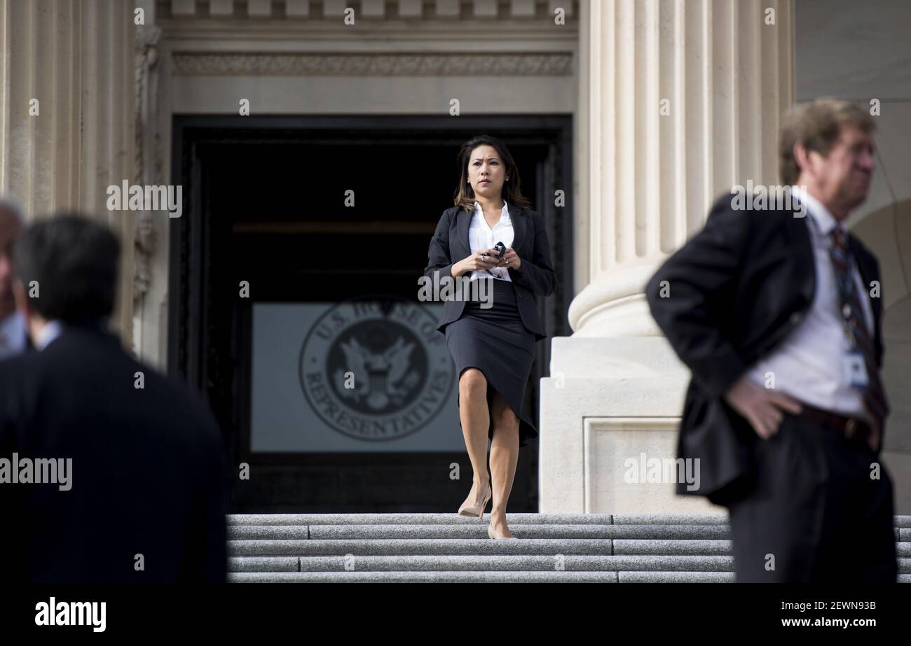 UNITED STATES - NOVEMBER 15: Rep.-elect Stephanie Murphy, D-Fla., walks down the House steps for the 115th Congress freshman class group photo on the House steps of the U.S. Capitol during orientation week in Washington on Tuesday, Nov. 15, 2016. (Photo By Bill Clark/CQ Roll Call) *** Please Use Credit from Credit Field *** Stock Photo