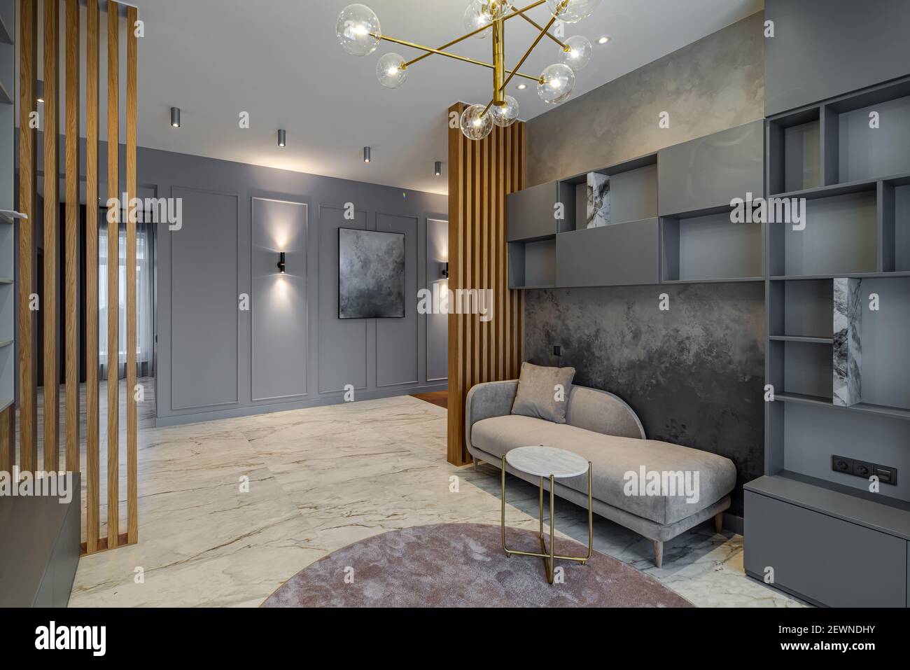 View of Modern interior of luxury apartment. Grey tones and wooden design ...