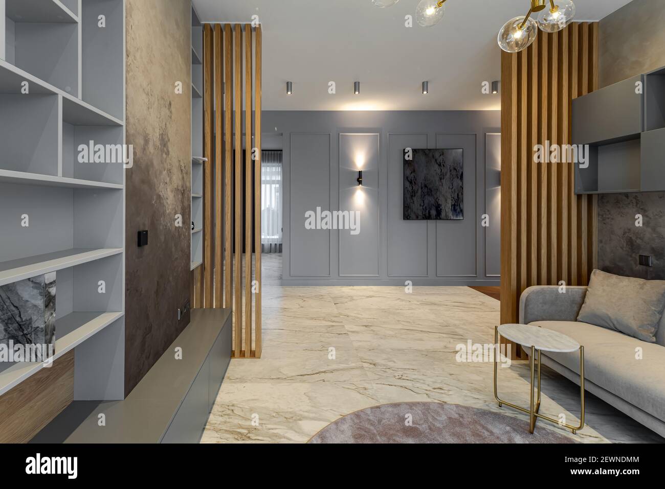 Modern interior of luxury apartment. Grey tones and wooden design ... - Gray Textured Apartment Layout Ideas With Built-In Shelves