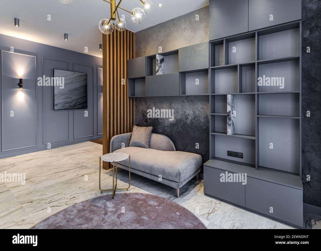 Modern interior of luxury apartment. Grey tones and wooden design ... - Gray Textured Apartment Layout Ideas With Built-In Shelves