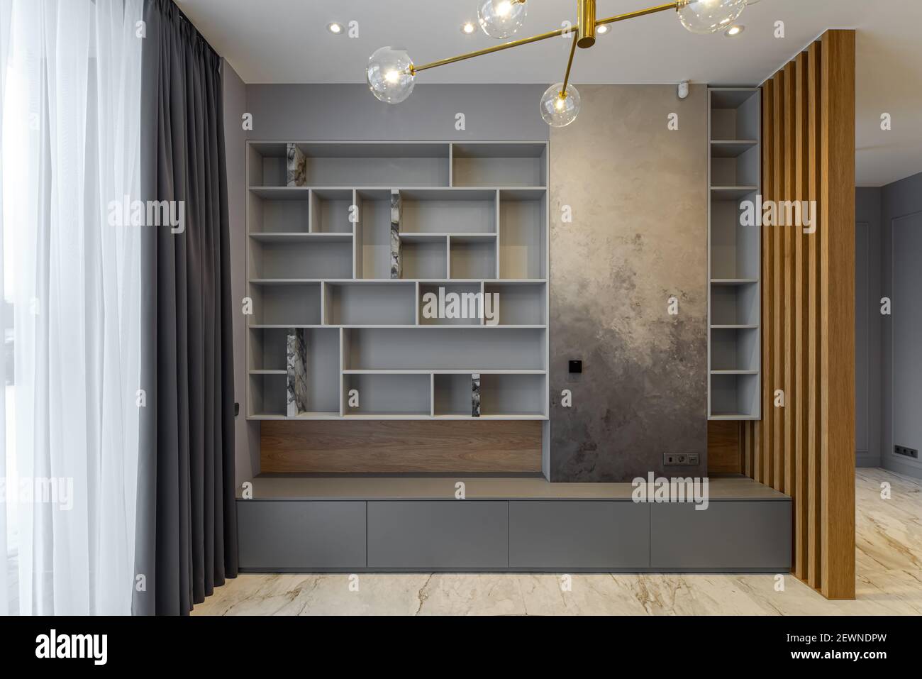 A closer look at Gray Textured Apartment Layout Ideas With Built-In Shelves