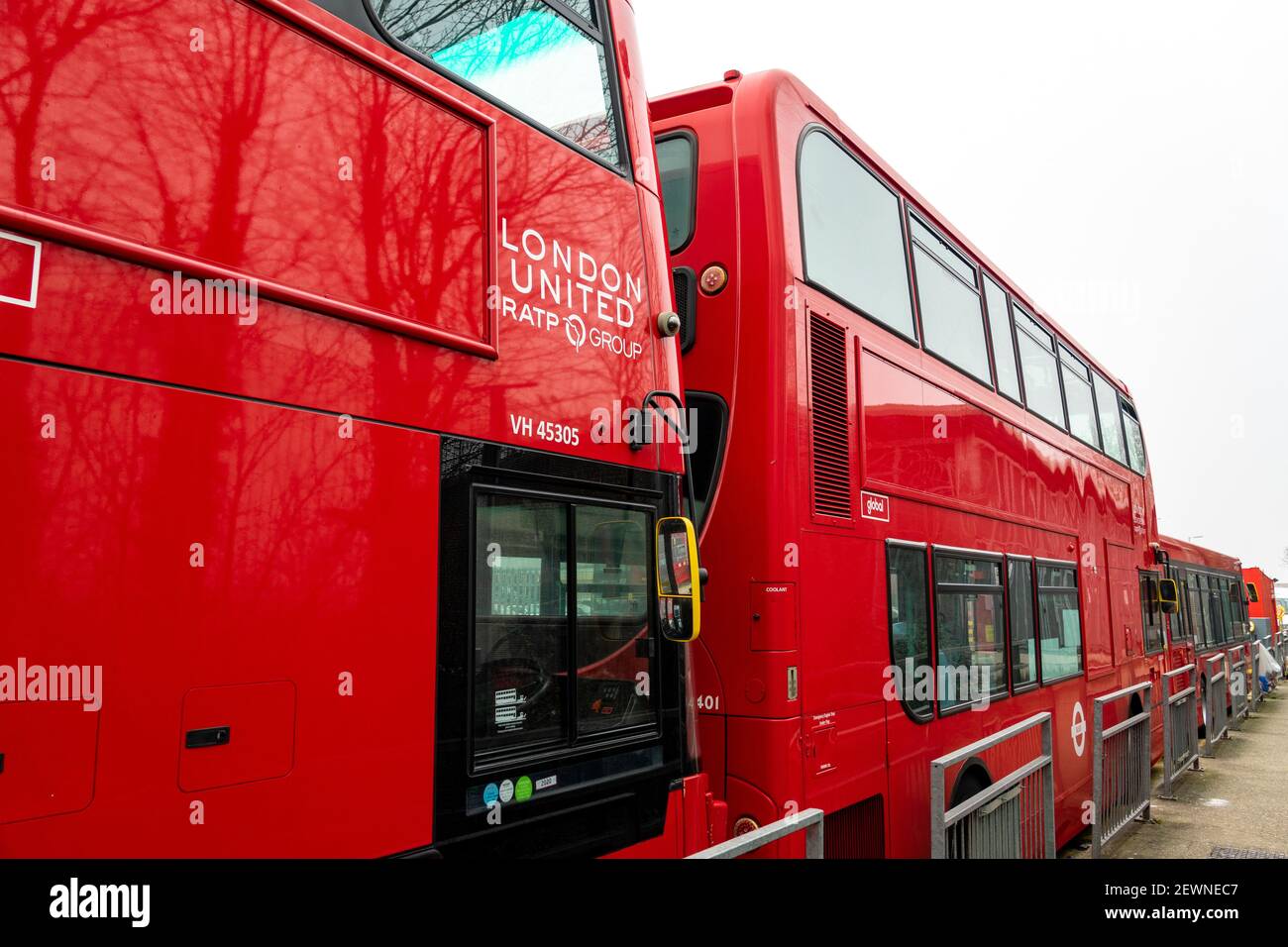 RATP operated TfL London red buses at Edgware Bus Depot on 3rd March 2020 during a bus strike. Stock Photo