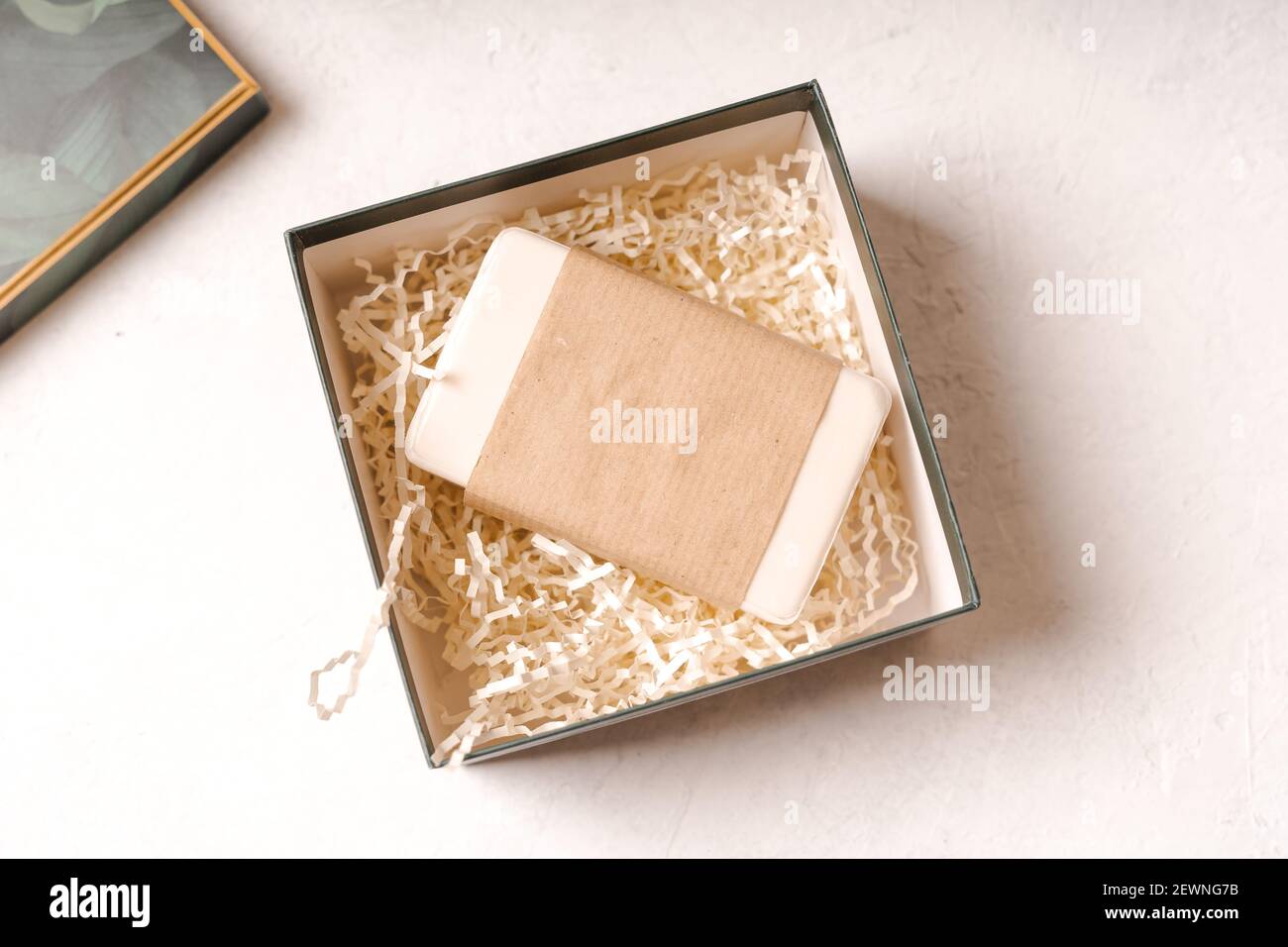 Gift with empty mockup tag Stock Photo