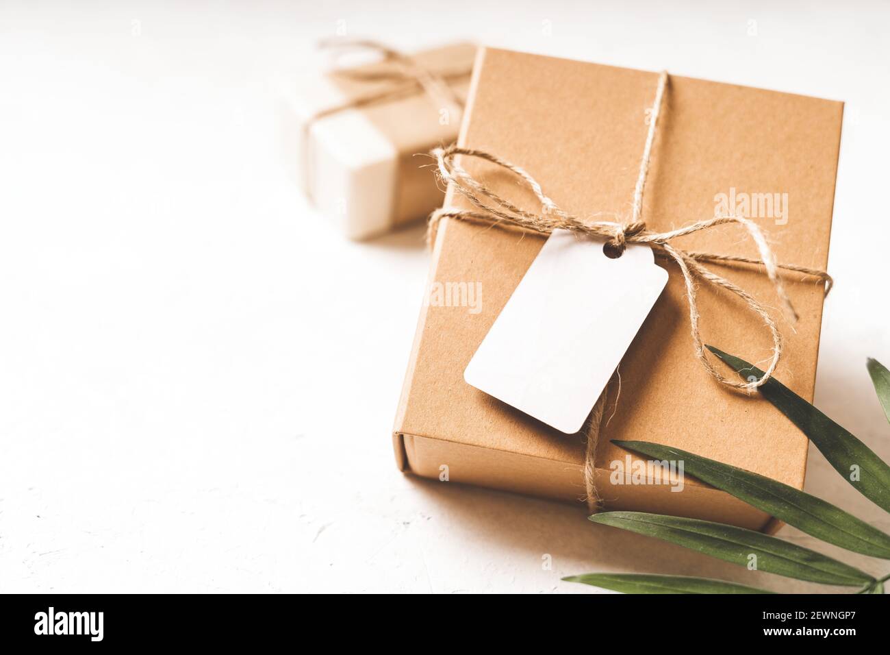 Gift with empty mockup tag Stock Photo