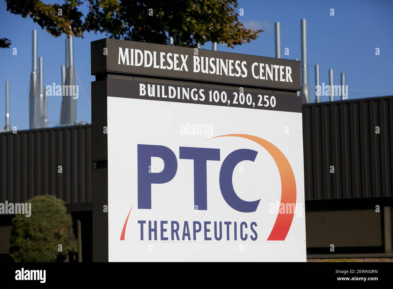 A logo sign outside of the headquarters of PTC Therapeutics in South Plainfield, New Jersey on November 6, 2016. Photo by Kristoffer Tripplaar *** Please Use Credit from Credit Field *** Stock Photo