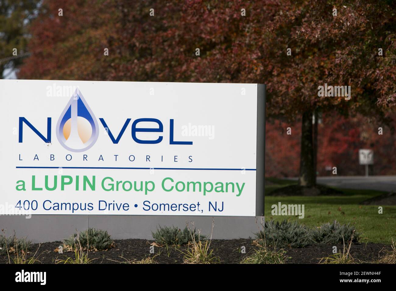 A logo sign outside of a facility occupied by Novel Laboratories in