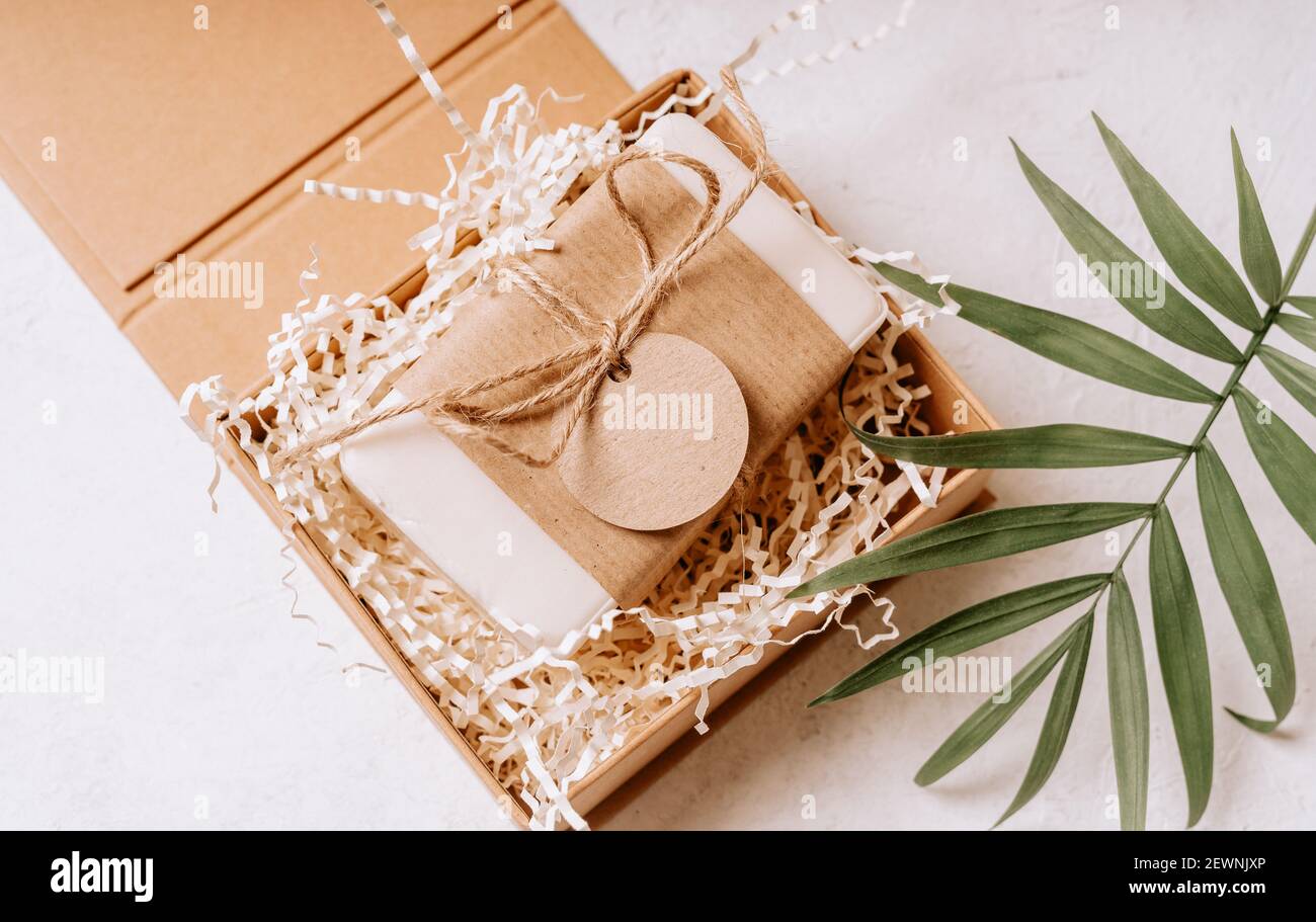 Gift with empty mockup tag Stock Photo