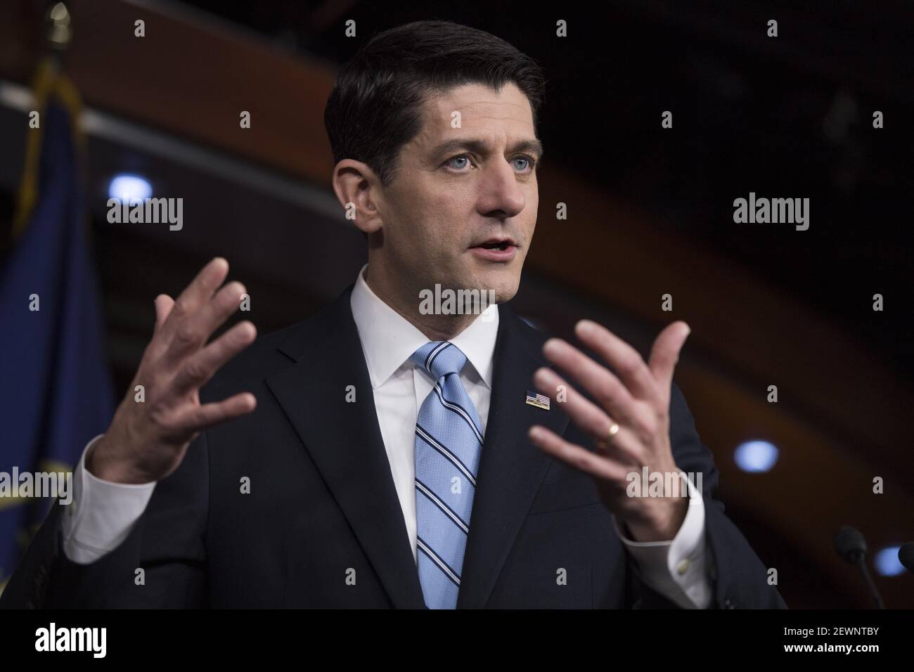 UNITED STATES - DECEMBER 01: Speaker Paul Ryan, R-Wis., conducts his weekly news conference in the Capitol Visitor Center, December 1, 2016. (Photo By Tom Williams/CQ Roll Call) *** Please Use Credit from Credit Field *** Stock Photo