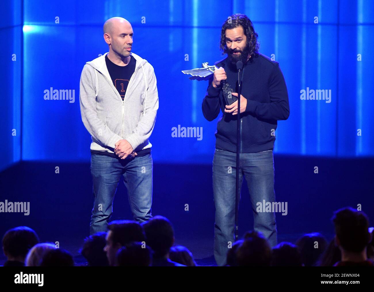 LOS ANGELES, CA - DECEMBER 1: Neil Druckmann (R) accepts the Best Narrative  award for Uncharted 4: A Thief's End onstage at The Game Awards 2016 at  the Microsoft Theater on December