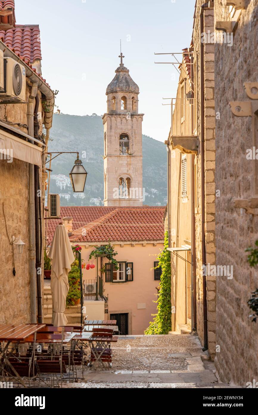 Bell tower of Dominican Monastery view from Dubrovnik old town street in Croatia summer morning Stock Photo
