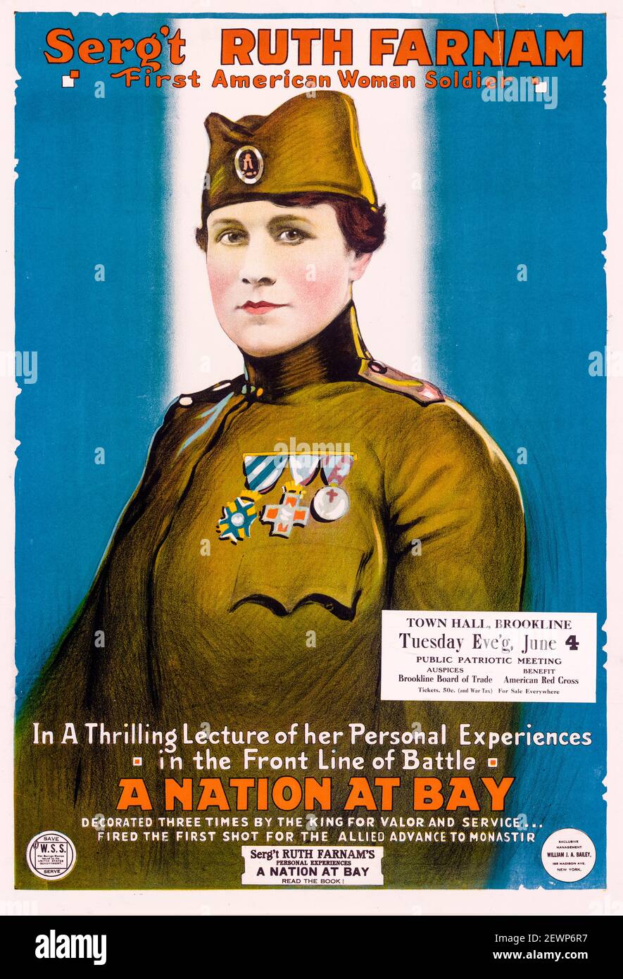 Promotional book tour poster for Sergeant Ruth Stanley Farnam (1873- 1956), the first American female soldier, WW1, 1918 Stock Photo