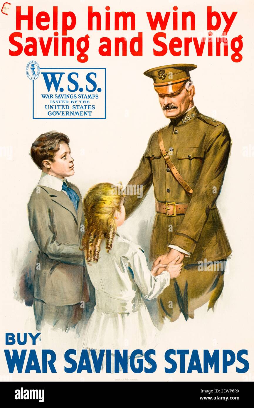 American, US, WW1, Finance poster, Buy War Savings Stamps,  featuring, General John Joseph Pershing, (1860-1948), 1918 Stock Photo