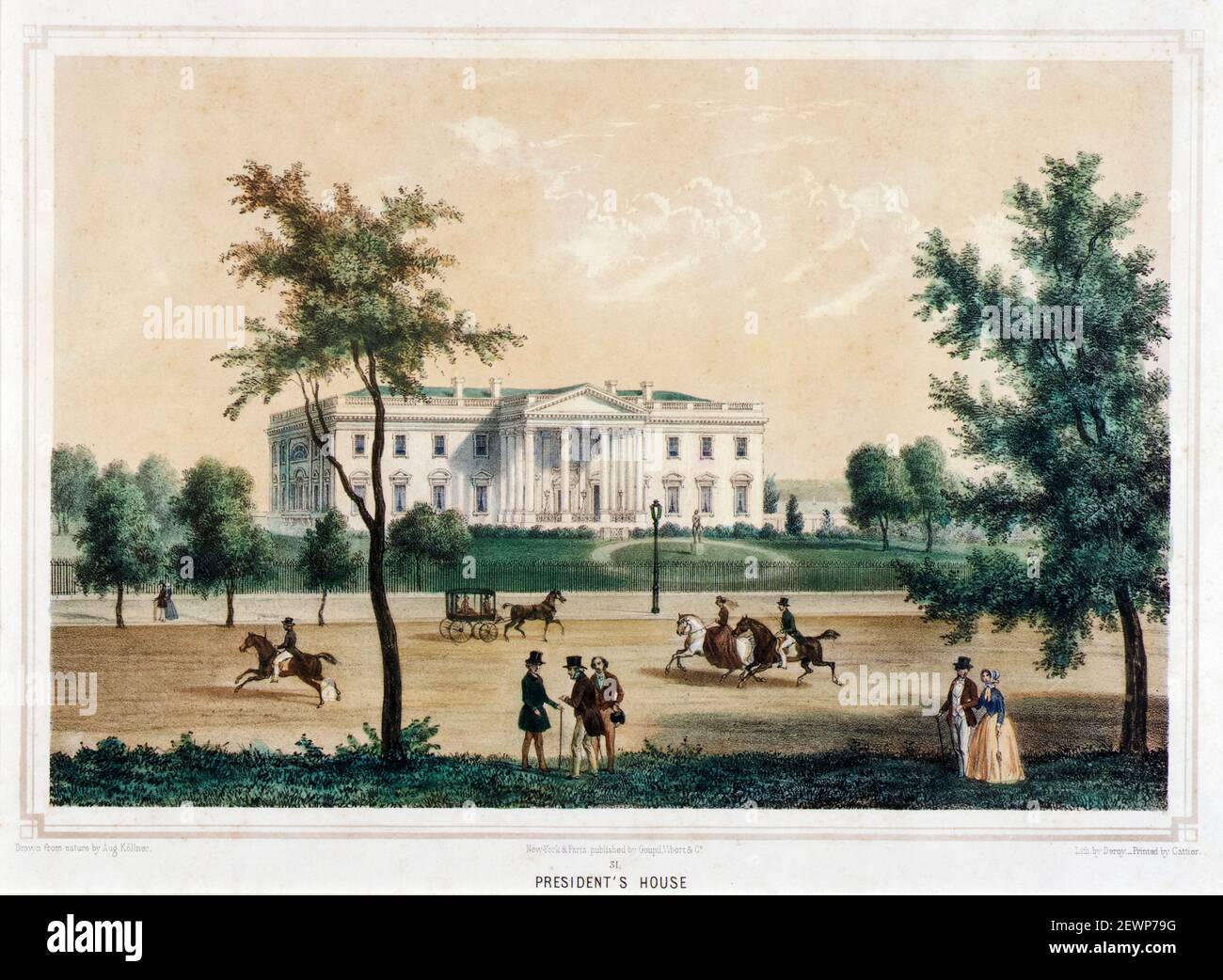 Washington DC, The President's House, (The White House), in the 19th Century, print by Isidore Laurent Deroy after Augustus Kollner, 1848 Stock Photo