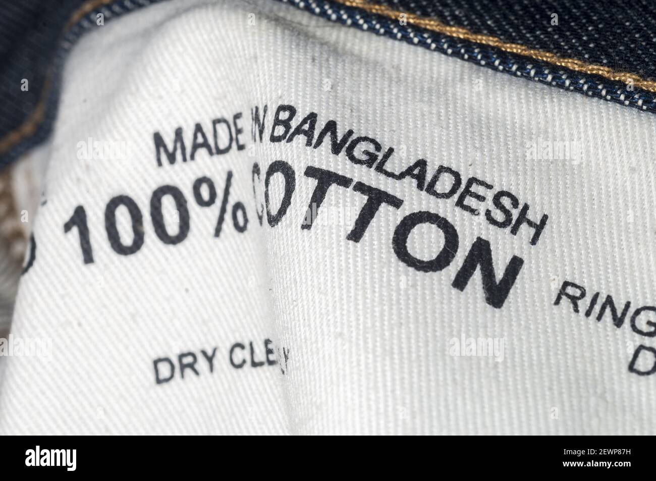 A label on a pair of jeans shows Bangladesh as the country of origin, seen  on Wednesday, December 7, 2016. A report released by the Overseas  Development Institute found that 15 percent