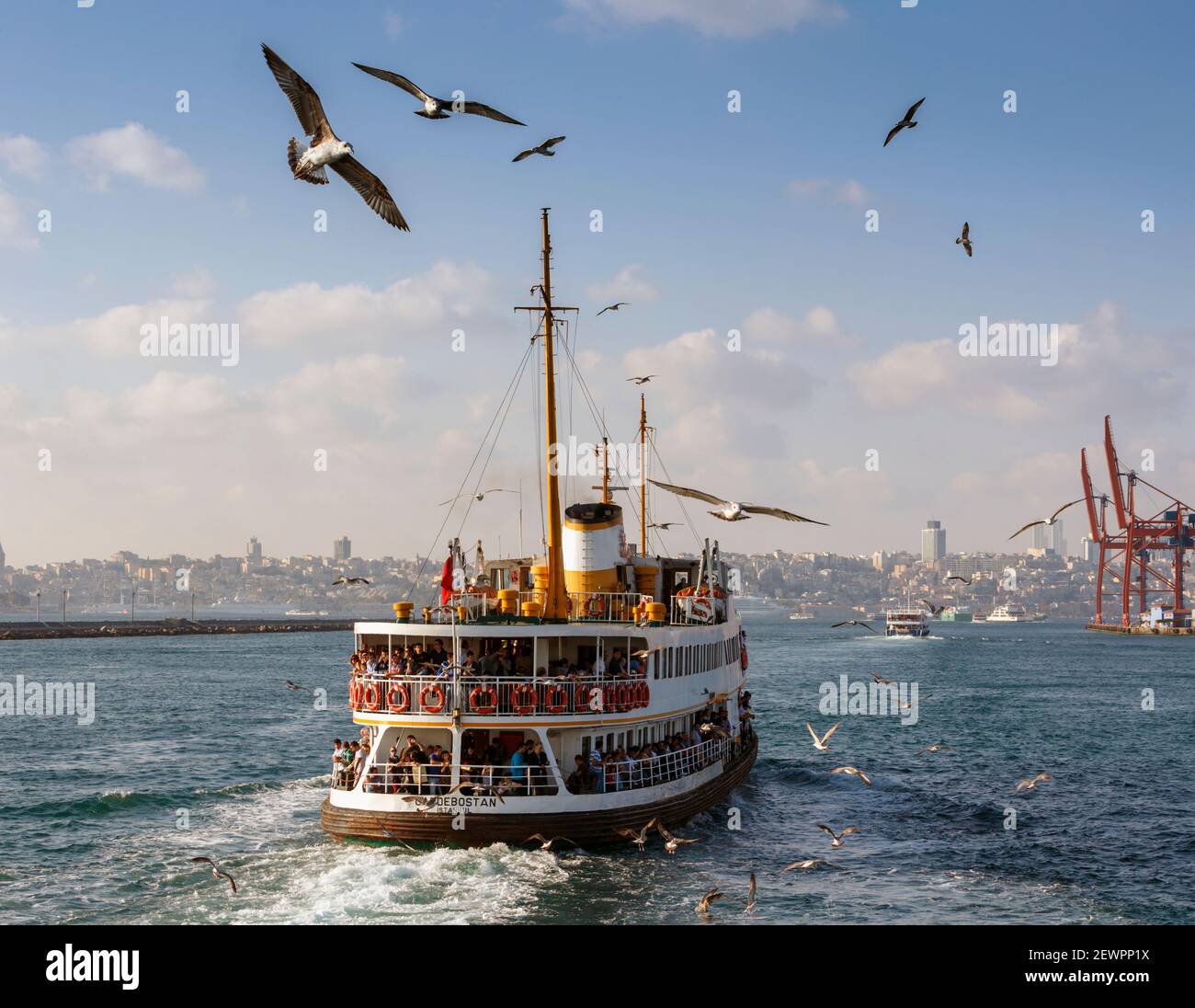 Istanbul, Turkey.  Ferry boat on the Bosphorus.  City in background. Stock Photo