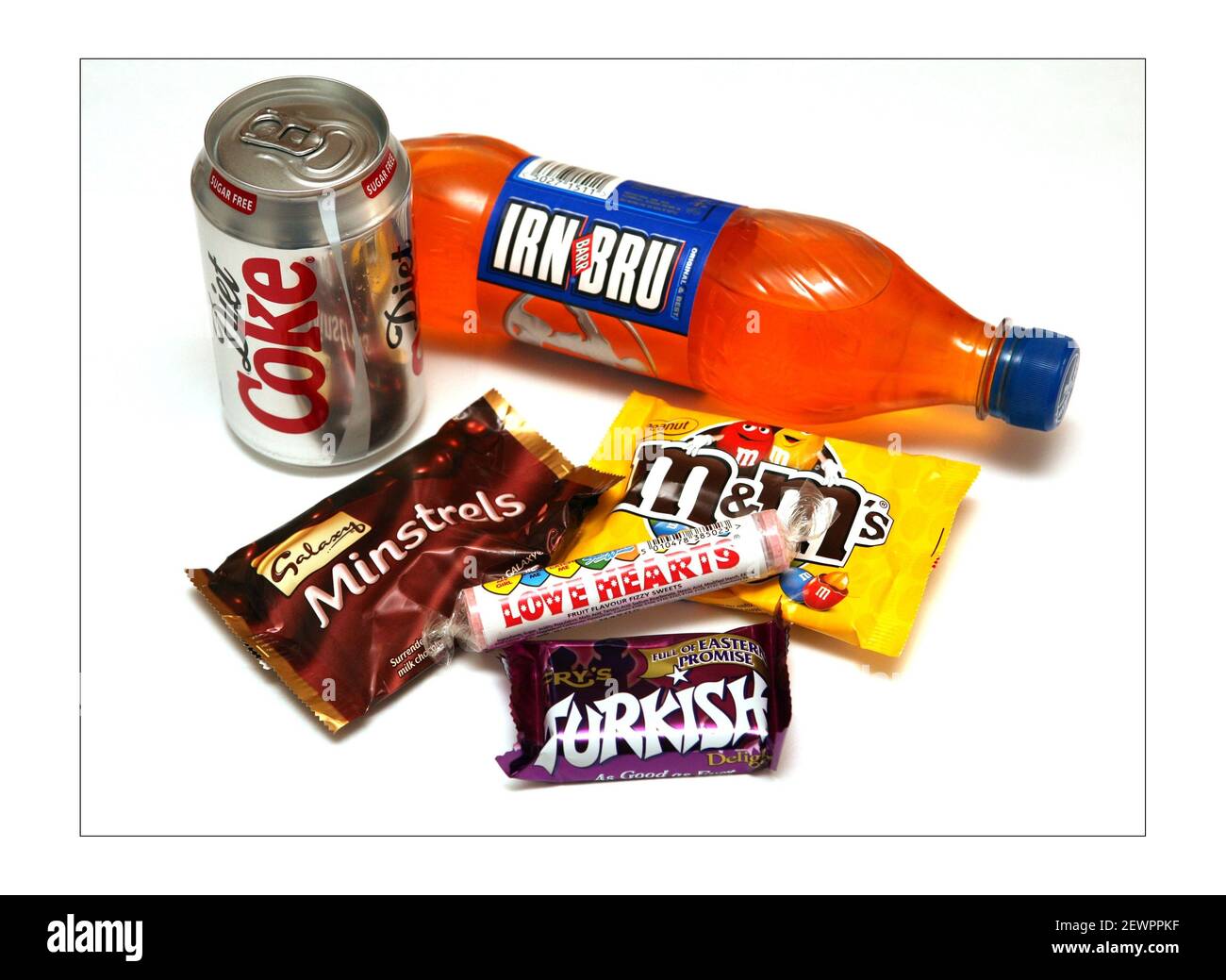 Sweets.... love hearts, turkish delight, minstrels, diet coke,irn bru