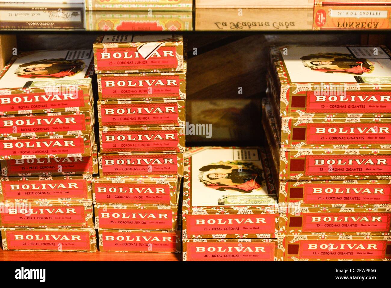 Cuban cigars on display in a shop window. Those cigars are rolled from  tobacco leaves found throughout the country of Cuba. The filler, binder,  and wrapper may come from different portions of