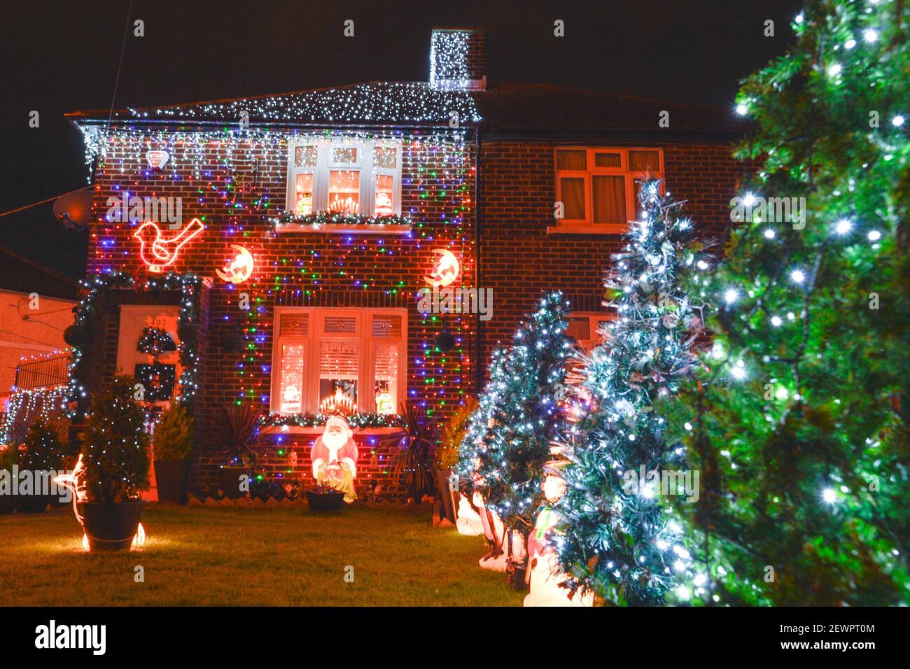 Christmas lights and decorations at a house in Crumlin, Dublin. On ...