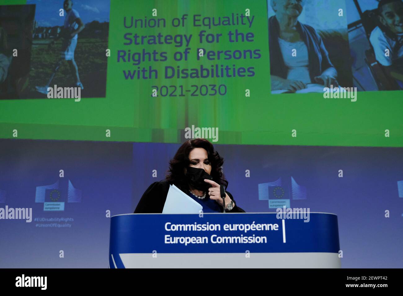 Brussels, Belgium. 03rd Mar, 2021. Press conference by EU Commissioner Helena DALLI on a new Strategy for the Rights of Persons with Disabilities In Brussels, Belgium on March 3, 2021. Credit: ALEXANDROS MICHAILIDIS/Alamy Live News Stock Photo