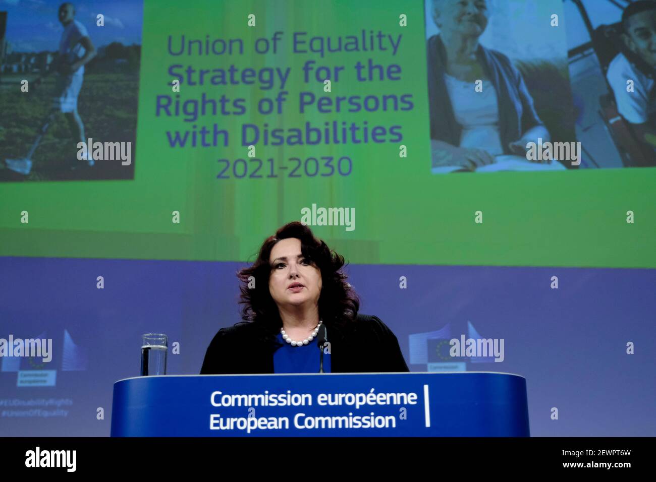 Brussels, Belgium. 03rd Mar, 2021. Press conference by EU Commissioner Helena DALLI on a new Strategy for the Rights of Persons with Disabilities In Brussels, Belgium on March 3, 2021. Credit: ALEXANDROS MICHAILIDIS/Alamy Live News Stock Photo