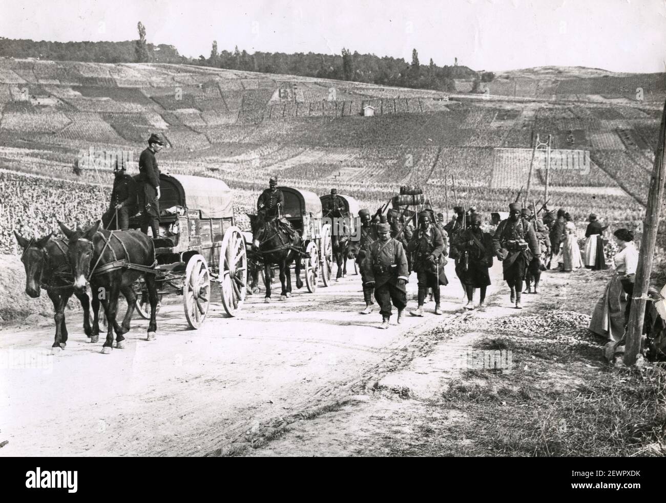 Vintage World War One photograph - WWI: troops from Senegal, marching near Rheims. Stock Photo